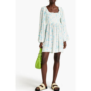NWT GANNI Shirred Floral ECOVERO-blend crepe mini dress Size EU 32 US 0 #1D456